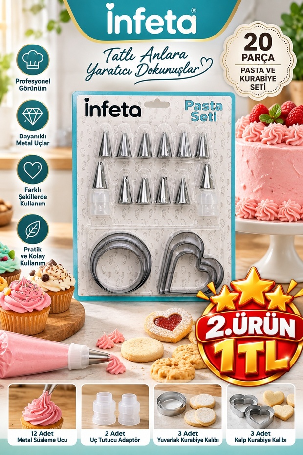 20 Piece Cake Decorating Set 12 Metal Tips, 6 Cookie Molds and 2 Tip Adapters