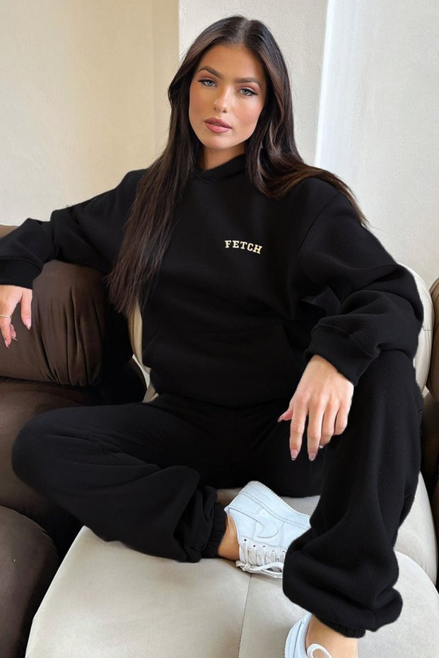 Fetch Printed Tracksuit Set Sweatshirt Jogger - Black Printed Oversized Fleece-Lined Hooded