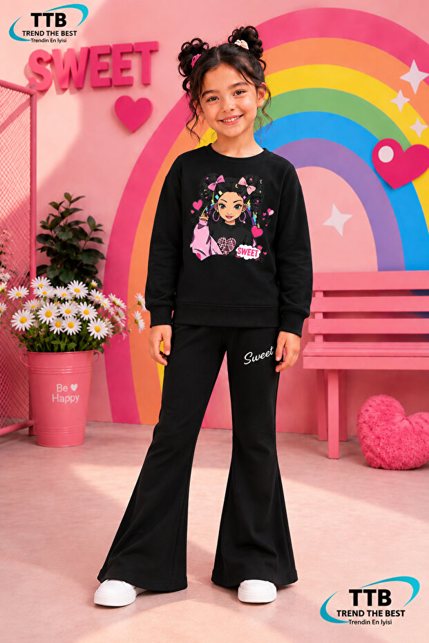 Winter, Spring, and Autumn Girls' Black Spanish Flared Bottoms and Black Sweat Top
