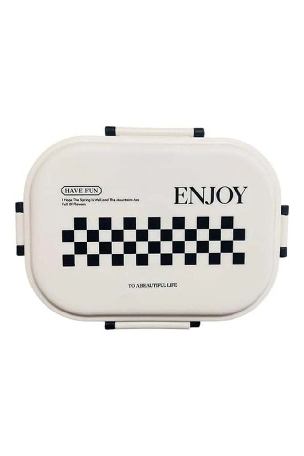 Enjoy Checkerboard Lunch Box with Spoon, Divided Compartments, White and Navy, Leakproof Bento Box