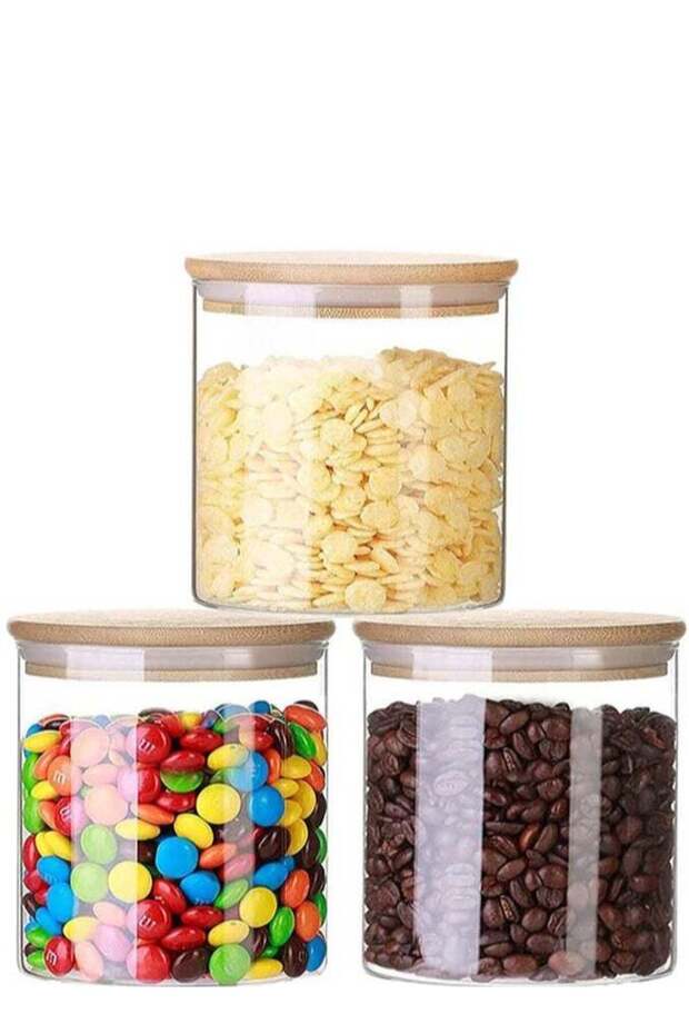Set of 3 - 500 ML Borosilicate Glass Food Storage Jar With Bamboo Lid , Stackable storage jars for