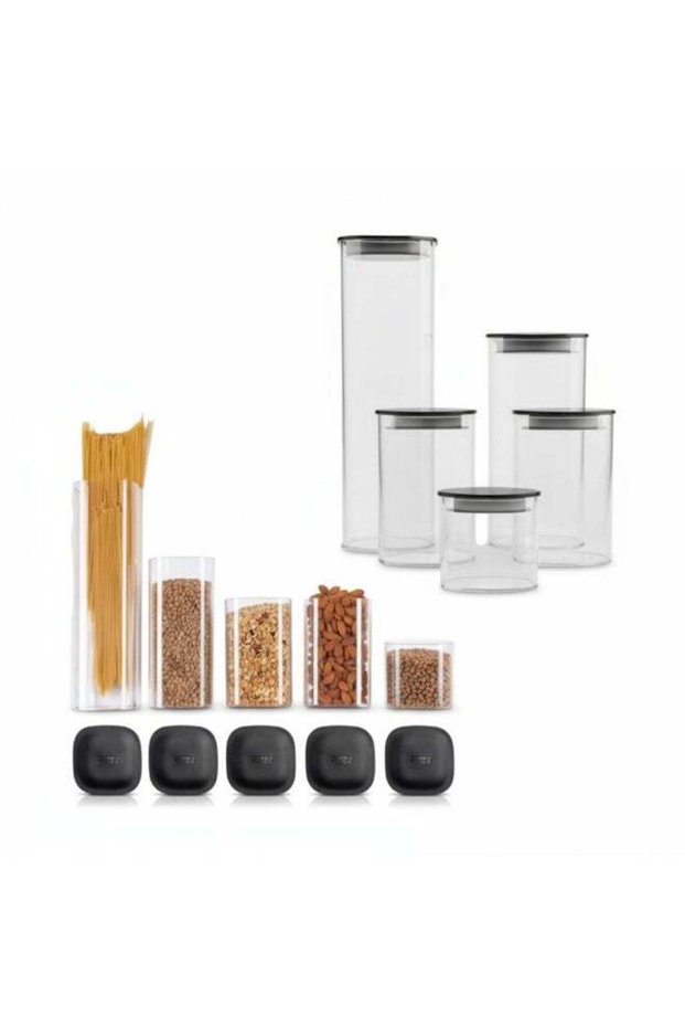 KLEEZ 5-Piece Clear Food Storage Container Set | Airtight Vacuum Seal with Black Lids | Pantry Orga