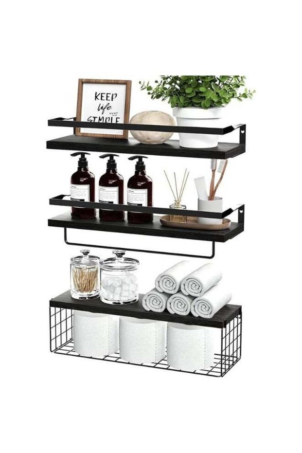Wall Mounted Floating Shelves with Towel Bar and Storage Basket – 3-Tier Bathroom Organizer for Toi