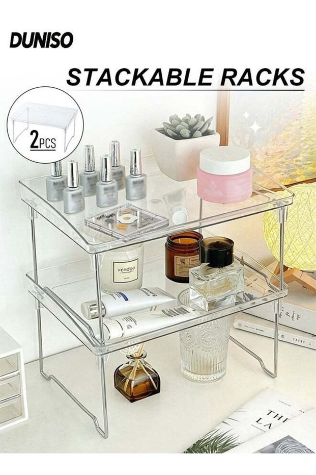 2 Pcs Kitchen Stackable Shelves, Cabinet Storage Organization, Storage Rack, Foldable Plasitc Stora