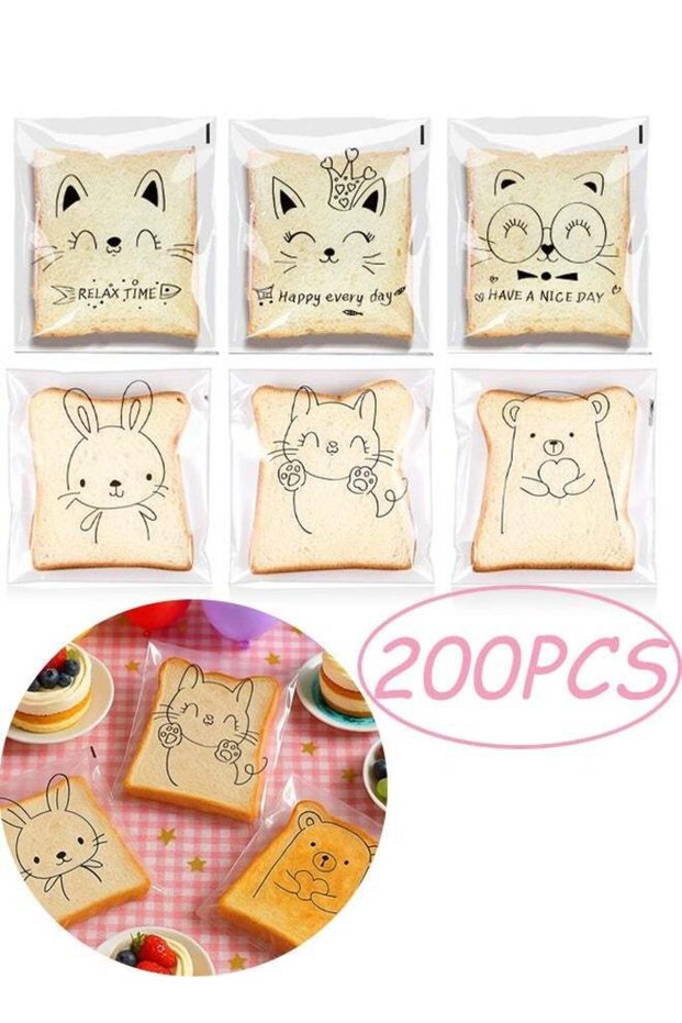 200Pcs 6 Types Cartoon Animal Cat Pattern Bread Packaging Bags Transparent Food Grade Toast Biscuit