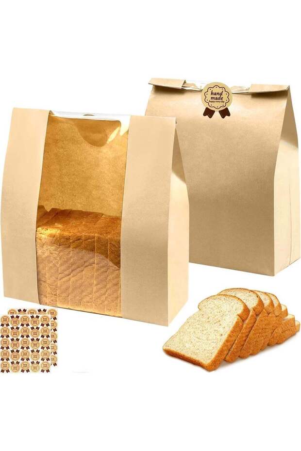 50 Pcs Kraft Paper Bread Bags, Brown Paper Lunch Bag, with Window, for Baked Food Packaging Storage