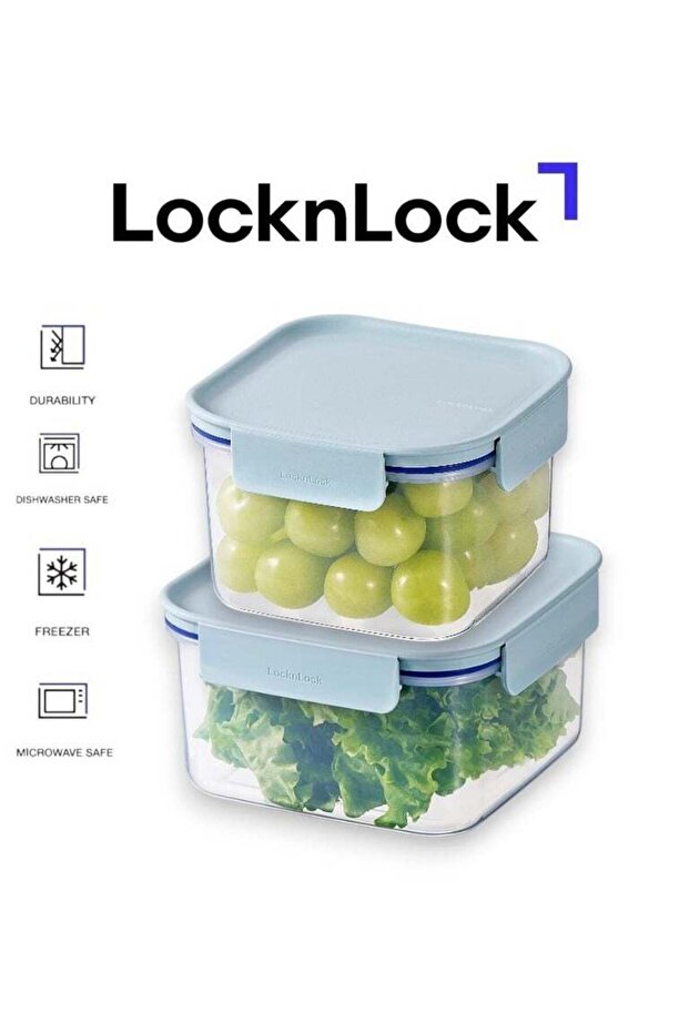 LocknLock Classic Plus Square Food Container Set (1.25L+860ml) – Mint, Airtight & Microwave Safe
