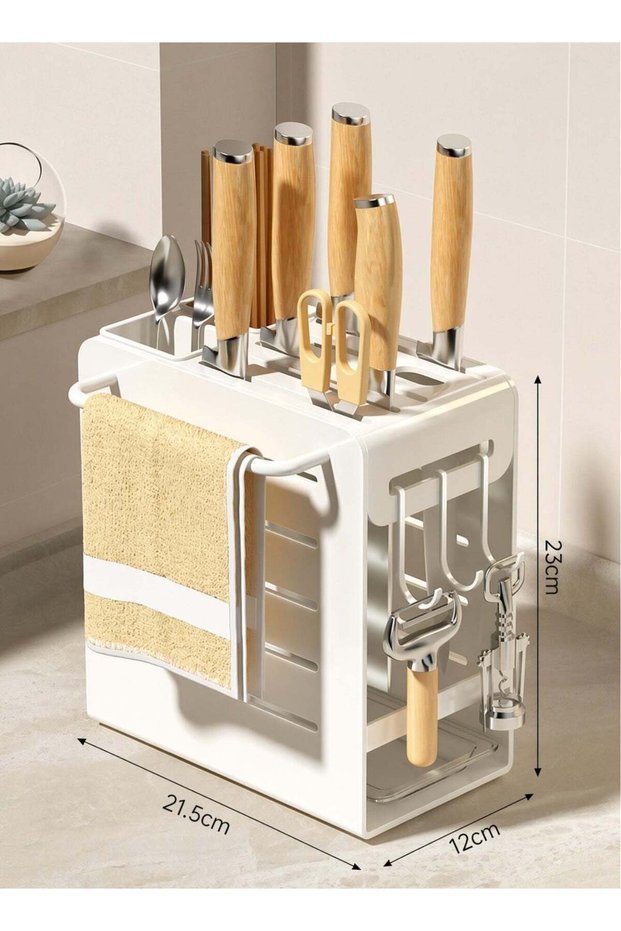 Wall Mounted Knife Holder White Kitchen Organizer with Drip Tray, No Drill Countertop Knife Rack Cu