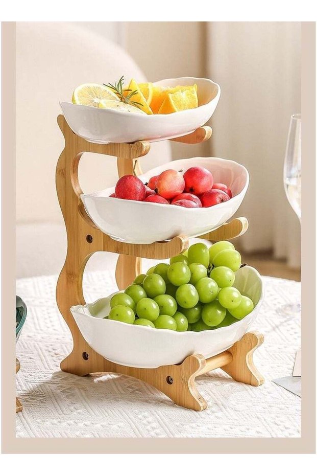 A Multi-Colored Fruit Basket with 3 Tiers, a Dessert Cake Stand with a Bamboo Frame, Plastic Fruit