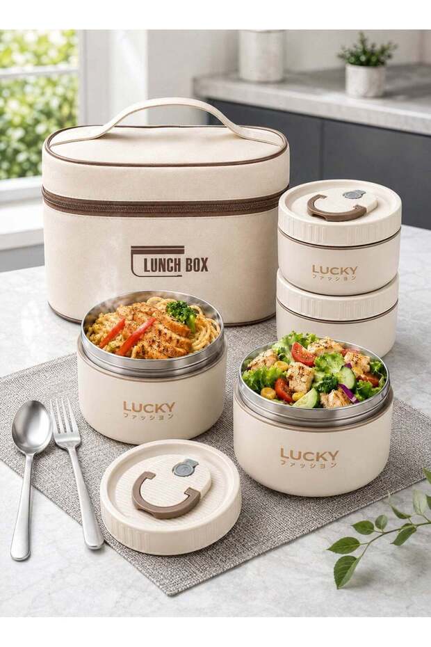 Portable Insulated Food Lunch Container Set with Thermal Lunch Box, 4 Separate Stackable Lunch Cont