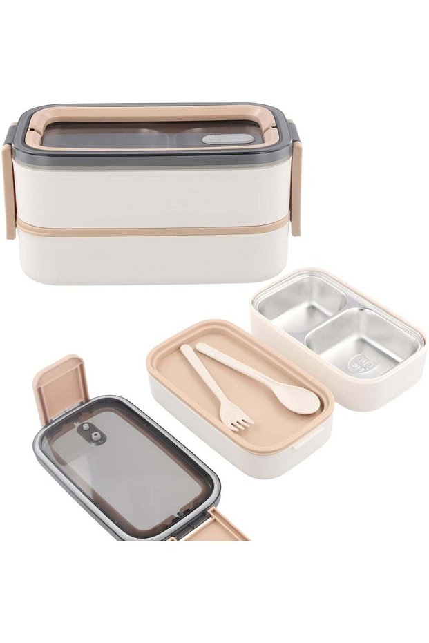 Premium Stainless Steel Bento Lunch Box - 2 Levels with Compartments, BPA-Free, Adult Bread Box, En