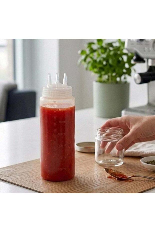 Cuisine Art 3-Nozzle Squeeze Bottle 24oz 600ml White PE Plastic Condiment Dispenser with Measuremen