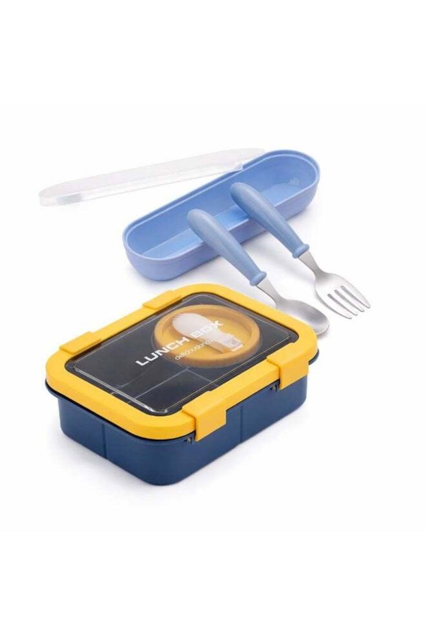 Beram Kids Cutlery & Bento Lunch Box Set Blue 1250ml Leakproof Single Layer Tiffin Box with Divided