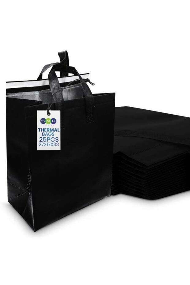 SNH Packing 25 Pack Black Insulated Food Bags 27x17x33 cm | Thermal Bags for Hot & Cold Food, Groce