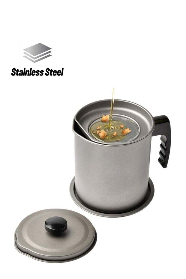 Stainless Steel Residue Filter Oil Storage And Drain Pot Container With Strainer Silver 1.7L
