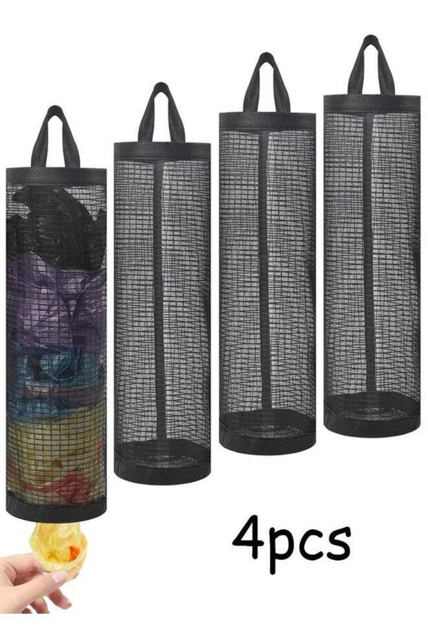 4PCS Plastic Reusable Grocery Bag Holder for Plastic Bags, Black Mesh Hanging Storage Trash Organiz