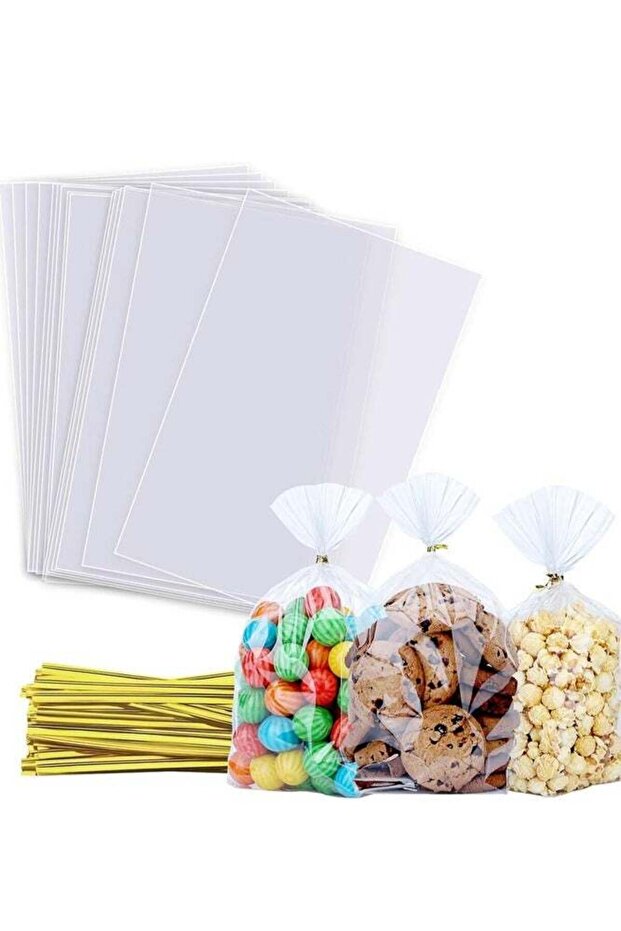 100 Clear Cellophane Treat Bags with Twist Ties & Pull Bows for Candy, Cookies and Party Favors