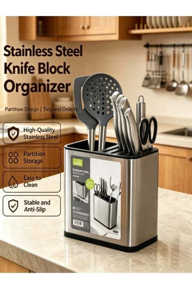 Stainless Steel Knife Block Organizer, Multi-Partition Kitchen Utensil Holder, Anti-Slip Base Knife