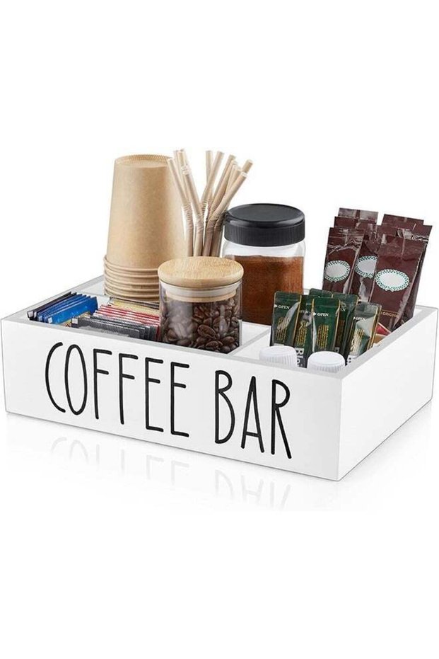 Coffee Station Organizer with Removable Dividers - Wood Bar Accessories Organizer for Countertop -