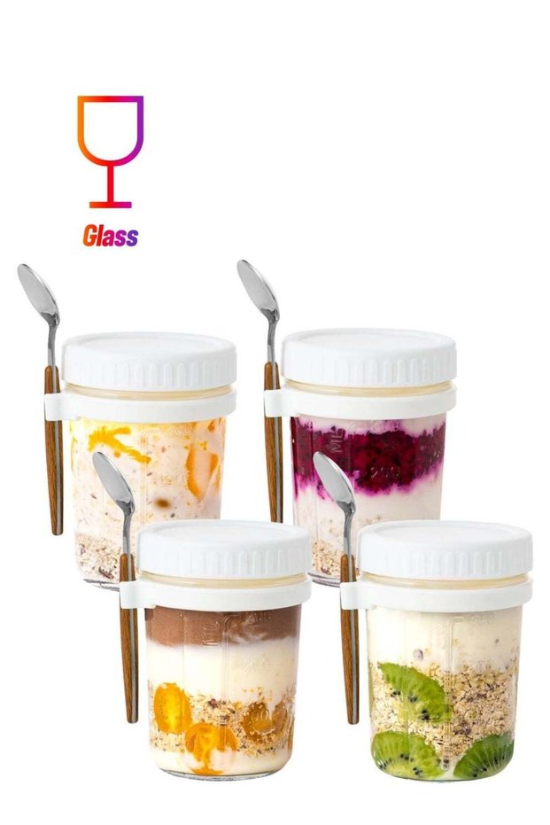 Overnight Oats Container with Lid and Spoon, 4PCS 350ml Overnight Oats Jars, Breakfast Container, C