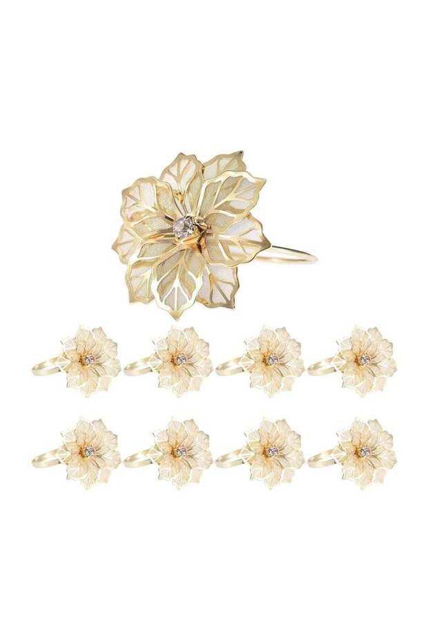 Gold Flower Napkin Rings Set of 8 Exquisite Alloy Holder for Wedding Party Dinner Table Decor Mothe