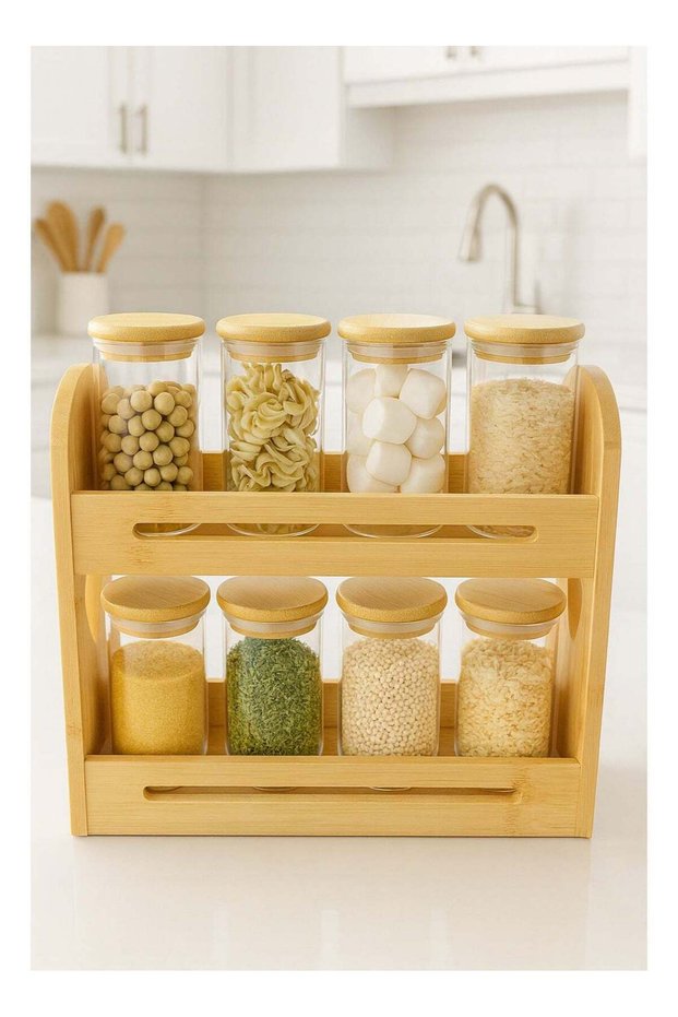8-Piece 2-Tier Spice Rack – Kitchen Organizer with Adjustable Storage – Durable Bamboo Rack with Gl