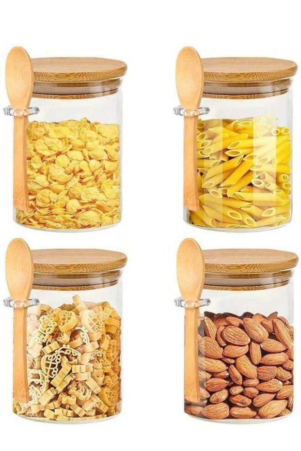 4-Pack 550ml Glass Jars with Airtight Bamboo Lids, Spoons, 15 Stickers & Marker – Multipurpose Kitc