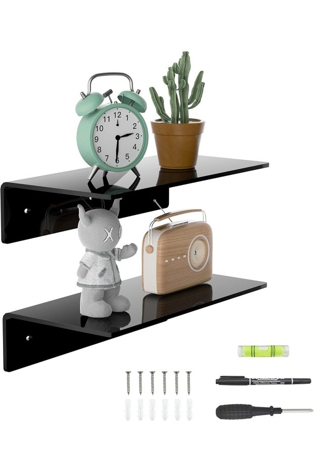 ARS® 30 cm Small Black Wall Shelves, Set of 2, Acrylic Floating Shelf for Wall