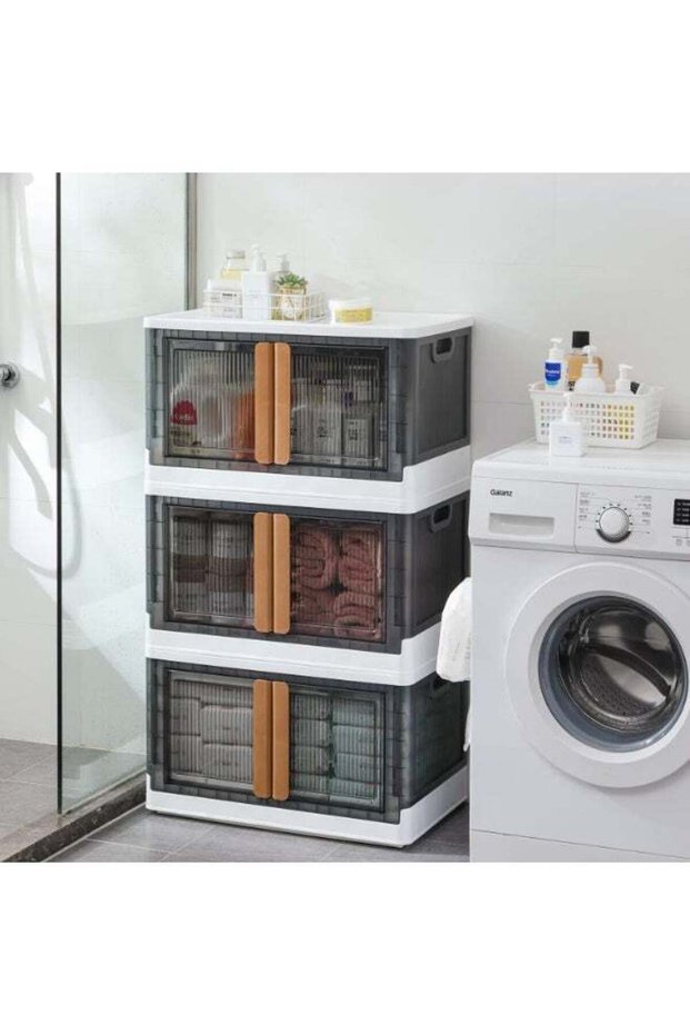 Folding Storage Boxes Lids, Wheels, Handles, Lockable Door, Stackable Plastic Bins, Durable Tote Bo