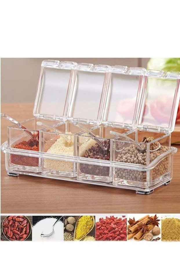 Kitchen Seasoning Box, Seasoning Rack Spice Pots, Storage Container Condiment Jars, 4 Piece Clear A
