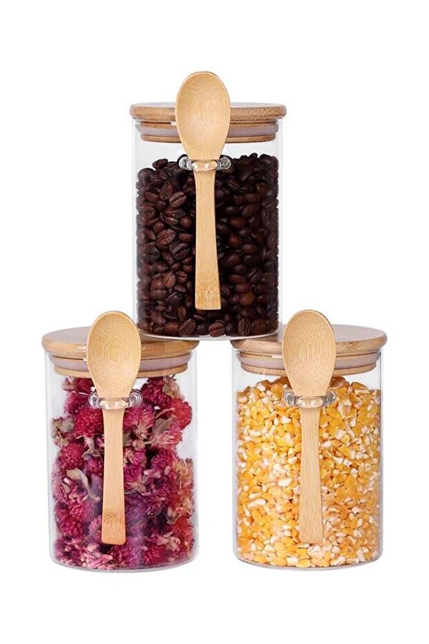 3Pcs Glass Jars with Bamboo Lids & Spoons : 550ml Airtight Glass Spice Jars Clear Sugar Container F
