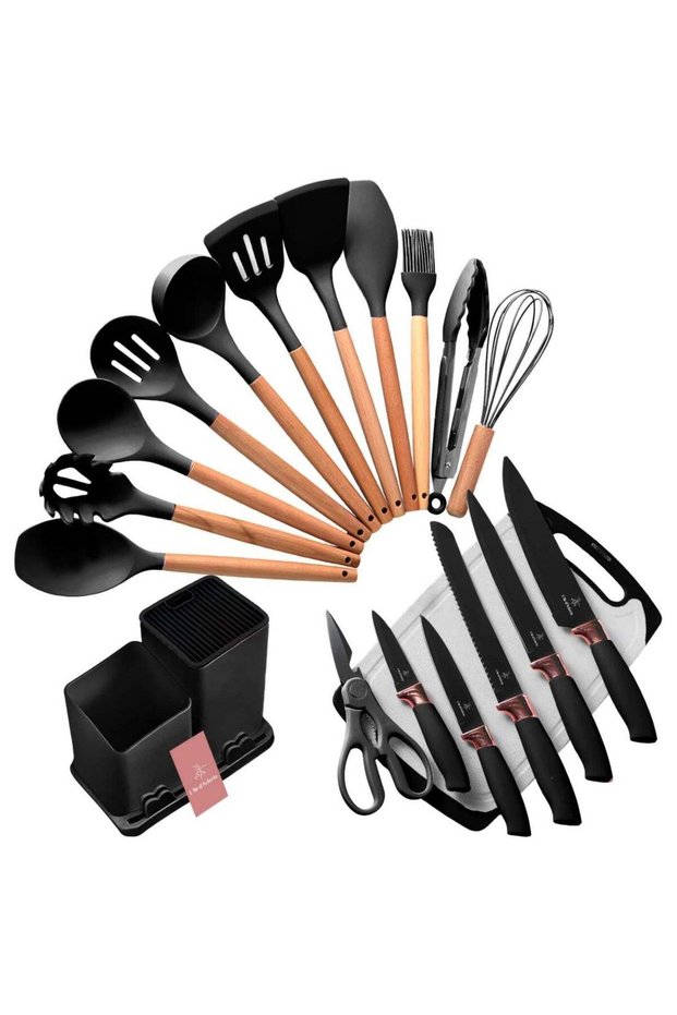 19-Piece Silicone Kitchen Utensil Set - Wooden Handle Cooking Tools with Spatulas, Kitchen Knife Se