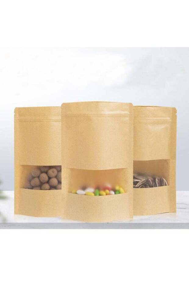 100-Piece Kraft Paper Stand Up Pouch Bags with Transparent Window and Tear Notch 14x9cm