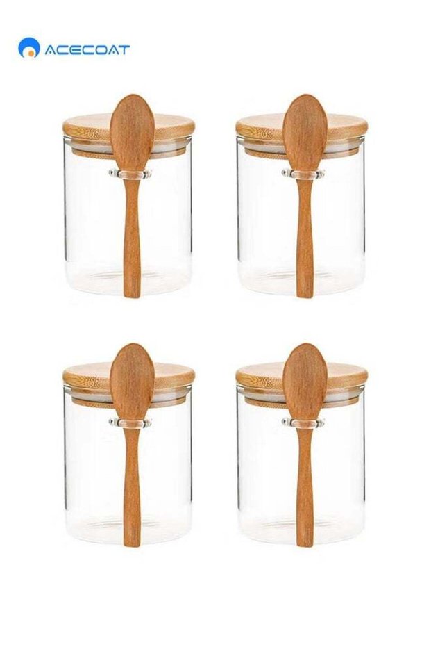 4 Pack Glass Jars with Airtight Bamboo Lids and Spoons, Clear High Borosilicate Glass BPA-Free Food