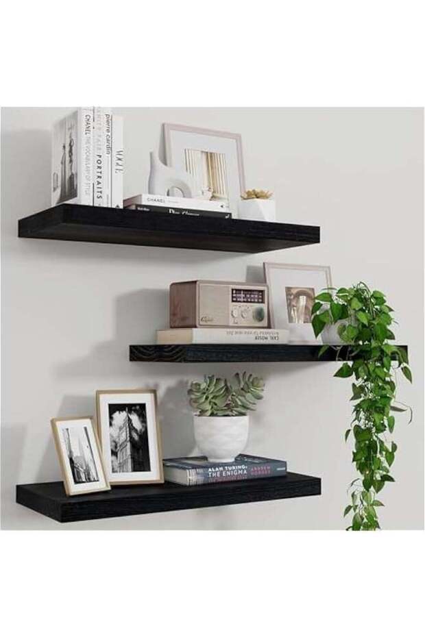 Black Floating Shelves, Wall Shelf Set of 3, Rustic Wood Shelves for Wall Storage, Wall Mounted Woo