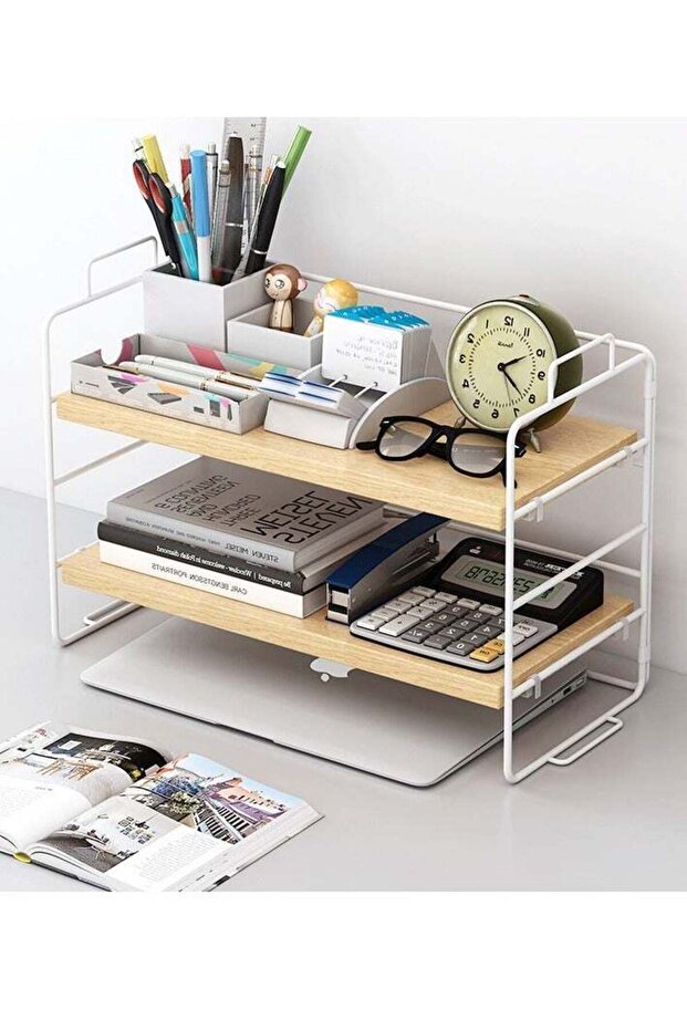 Desktop Organizer Shelf, 2 Tier Organizer Storage Shelf, Metal and Wooden Desktop Countertop Booksh