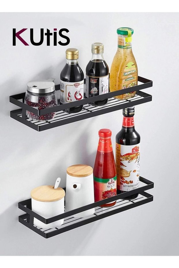 2 Piece Kitchen Wall Mounted Storage Rack Aluminum Alloy Black 29.5 x 12 x 4 Centimeter