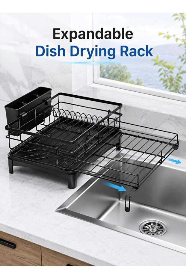 Extendable Dish Drying Rack, Space-Saving Kitchen Dish Drainer with Plate Holder, Cup Area and Remo