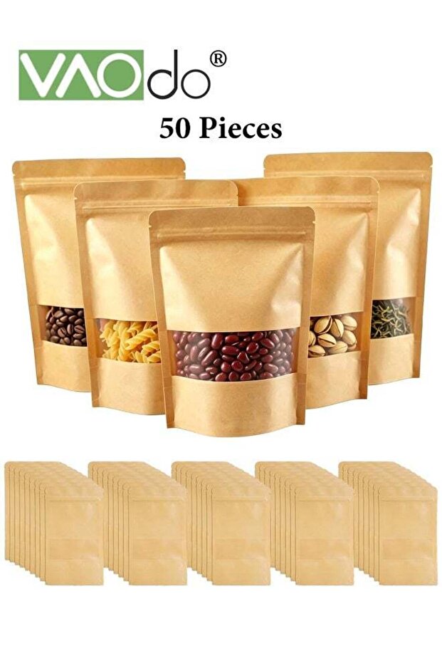 50PCS Kraft Bags with Clear Window, Resealable Bags Stand Up Pouches Coffee Bags Sealable Bags for