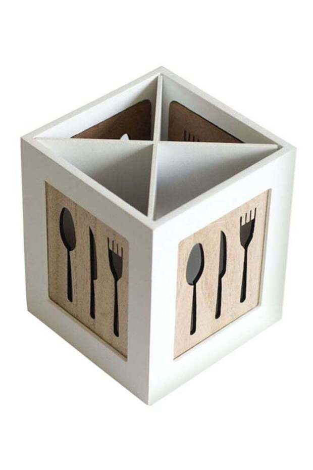 Cutlery Storage Box White/Brown 14.4 x 14.4 x 10.8cm