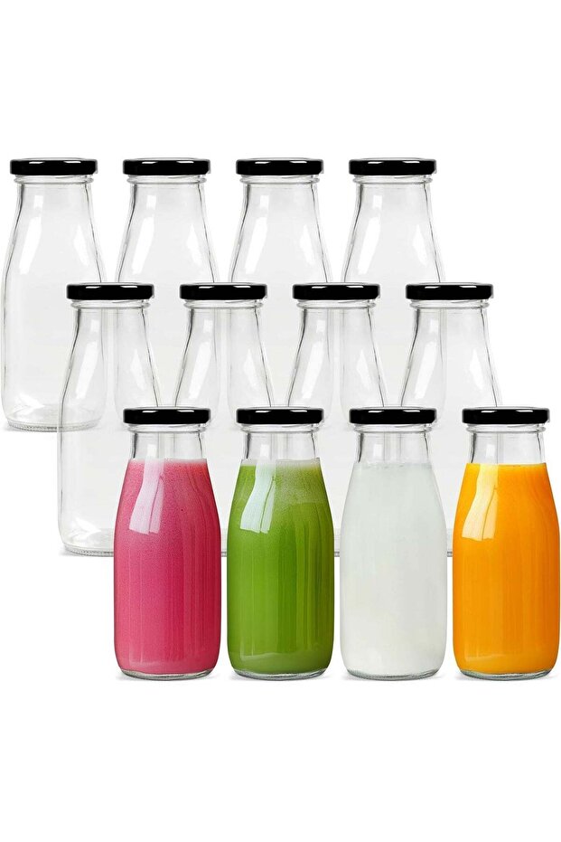 Glass Milk Bottle with Black Metal Lids, 250ml Reusable Dairy Drinking Containers, (Pack of 12) Gla