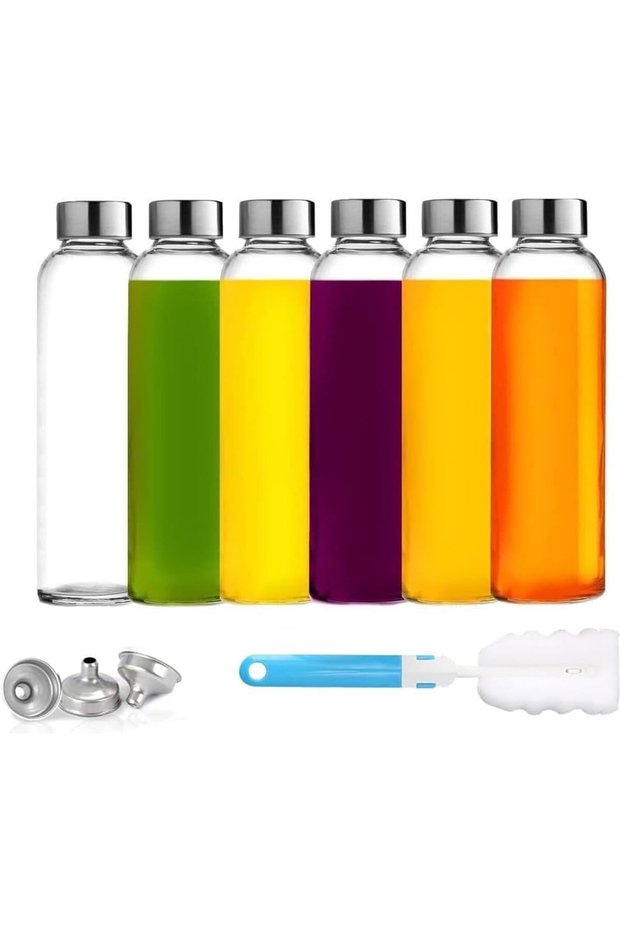 6 Pack 500ml Clear Glass Water Bottles with Leakproof Lids, Reusable Juice Bottles with Cleaning Br