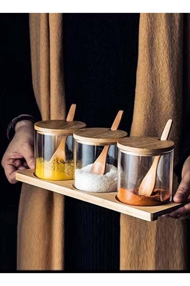 Set of 3 Spice Jar With Bamboo Lid Spoon and Bottom Base