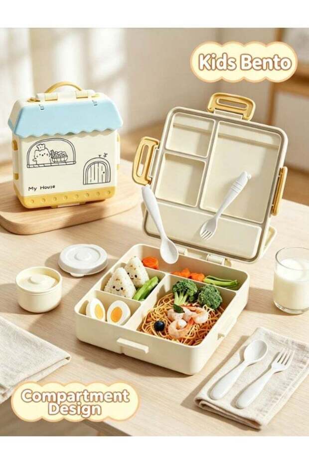 Kids Bento Box for Kids, Cute House‑Shaped Divided Lunch Box with Utensils, Leak‑Proof Compartment