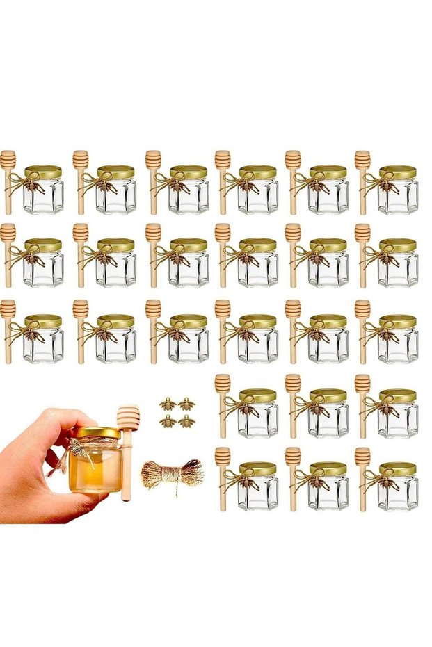 25Pack Mini Glass Honey Jars - Hexagon Little Glass Honey Jar with Gold Lids, Wooden Dippers, Bee C