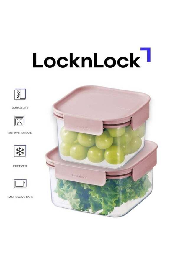 LocknLock Classic Plus Square Food Container Set (1.25L+860ml) – Pink, Airtight & Microwave Safe