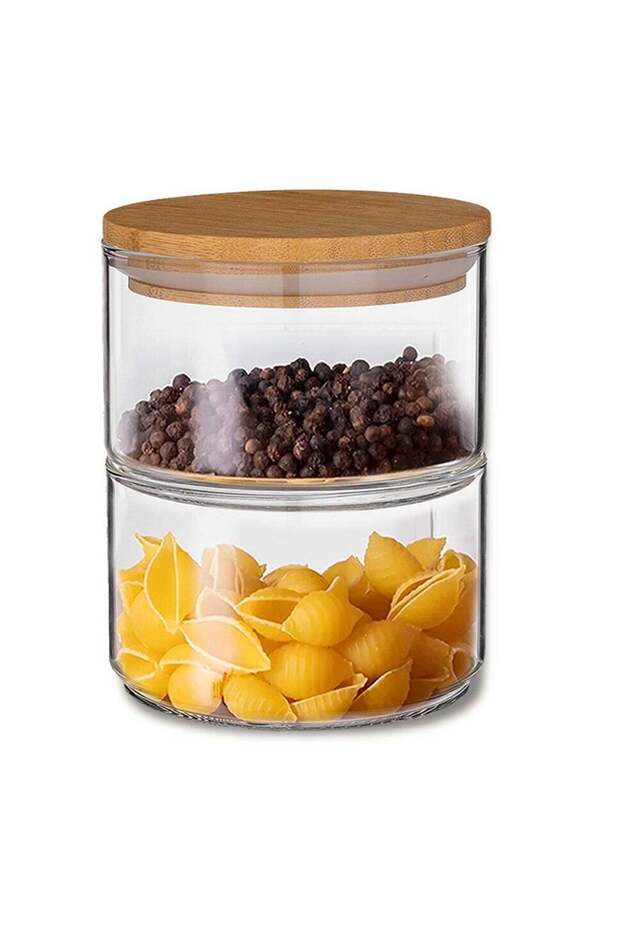 400ml Clear Borosilicate Glass 2 Layer Storage Jar with Airtight Bamboo Lid Stackable Food Containe