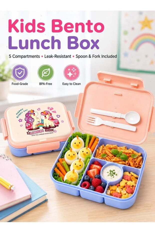 Kids 5 Compartment Bento Lunch Box, BPA-Free Leak Resistant Food Container with Fork & Spoon, Porta
