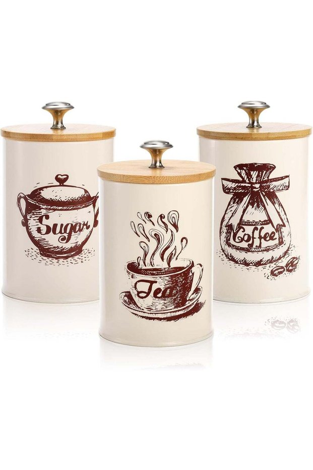 Small Canister Sets for Kitchen Counter, 25 Oz Coffee Sugar Tea Canister Set, Metal Vintage Kitchen