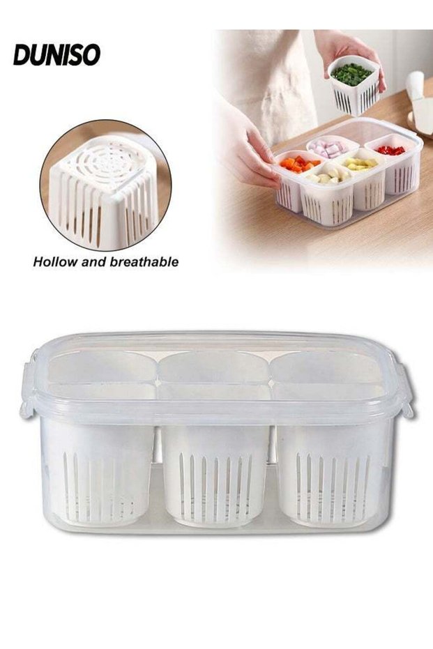6-Grid Food Storage Containers with Lids, Portable Vegetable Organizer Box with Drain Basket, Fresh